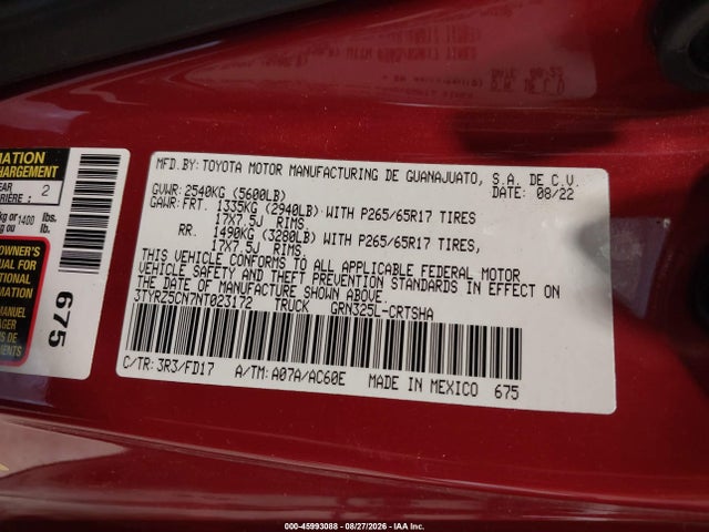 Aukcja sprzedaży 2022 Toyota Tacoma Trd Sport, vin: 3TYRZ5CN7NT023172, numer aukcji: 45993088