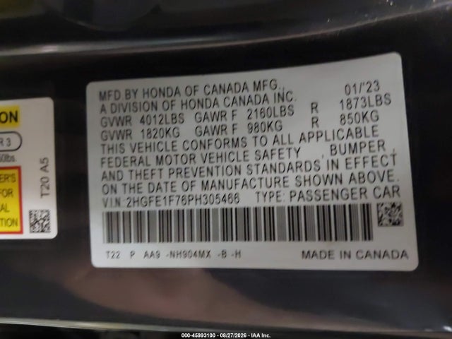 Продаж на аукціоні авто 2023 Honda Civic, vin: 2HGFE1F76PH305466, номер лоту: 45993100