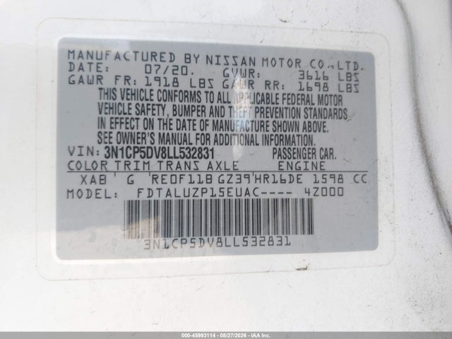 2020 Nissan Kicks Sr Xtronic Cvt მანქანა იყიდება აუქციონზე, vin: 3N1CP5DV8LL532831, აუქციონის ნომერი: 45993114