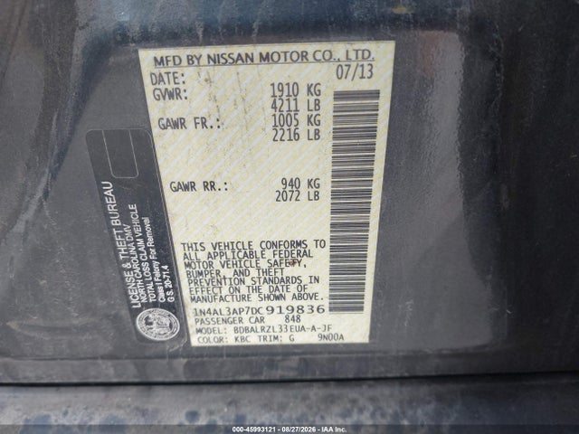 45993121 :رقم المزاد ، 1N4AL3AP7DC919836 vin ، 2013 Nissan Altima 2.5 S مزاد بيع
