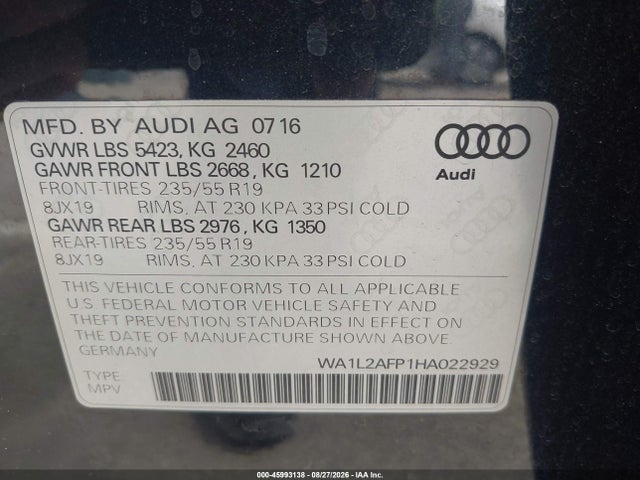Aukcja sprzedaży 2017 Audi Q5 2.0t Premium, vin: WA1L2AFP1HA022929, numer aukcji: 45993138