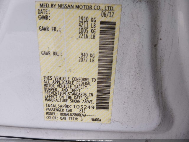 2013 Nissan Altima 2.5 Sv მანქანა იყიდება აუქციონზე, vin: 1N4AL3AP9DC105249, აუქციონის ნომერი: 45993145