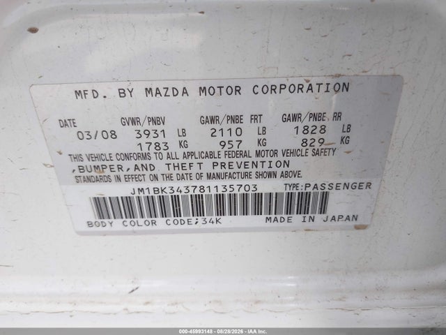 Aukcja sprzedaży 2008 Mazda Mazda3 S Sport, vin: JM1BK343781135703, numer aukcji: 45993148