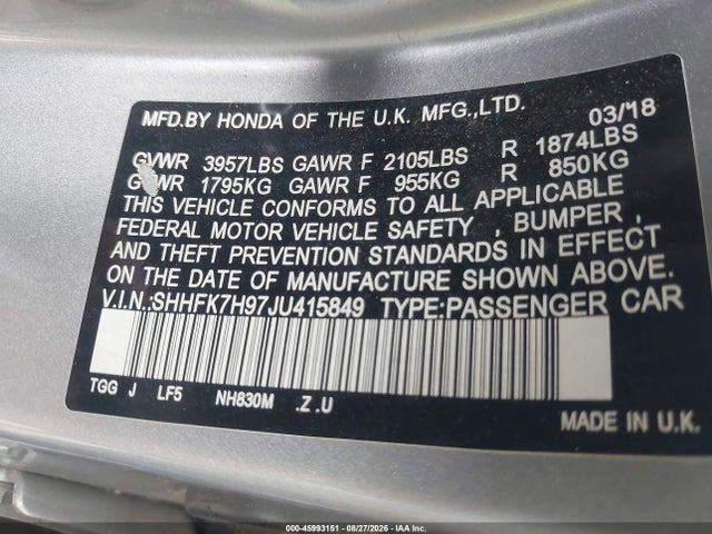 SHHFK7H97JU415849 Honda Civic Sport Touring
