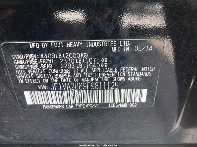 Subaru Wrx Sti Limited 2015 JF1VA2U69F9811125 Image 9