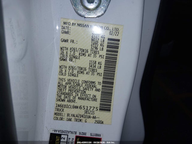 Auction sale of the 2022 Nissan Frontier King Cab S 4x2, vin: 1N6ED1CL6NN651775, lot number: 45993158