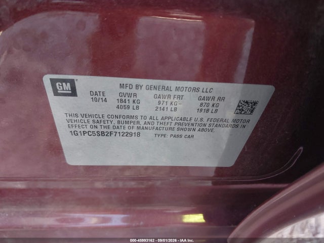 2015 Chevrolet Cruze 1lt Auto მანქანა იყიდება აუქციონზე, vin: 1G1PC5SB2F7122918, აუქციონის ნომერი: 45993162