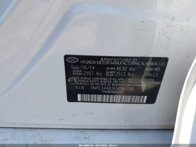 Aukcja sprzedaży 2015 Hyundai Sonata Sport 2.0t, vin: 5NPE34AB3FH086758, numer aukcji: 45993163