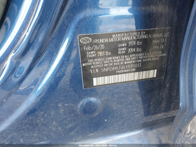 2020 Hyundai Elantra Sel მანქანა იყიდება აუქციონზე, vin: 5NPD84LF6LH593033, აუქციონის ნომერი: 45993166