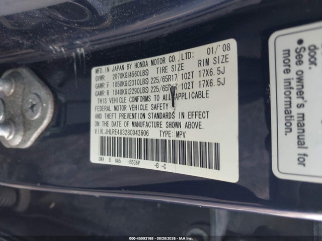 Aukcja sprzedaży 2008 Honda Cr-v Lx, vin: JHLRE48328C043606, numer aukcji: 45993168