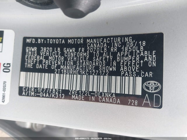 Aukcja sprzedaży 2019 Toyota Corolla Le, vin: 2T1BURHE1KC127172, numer aukcji: 45993172