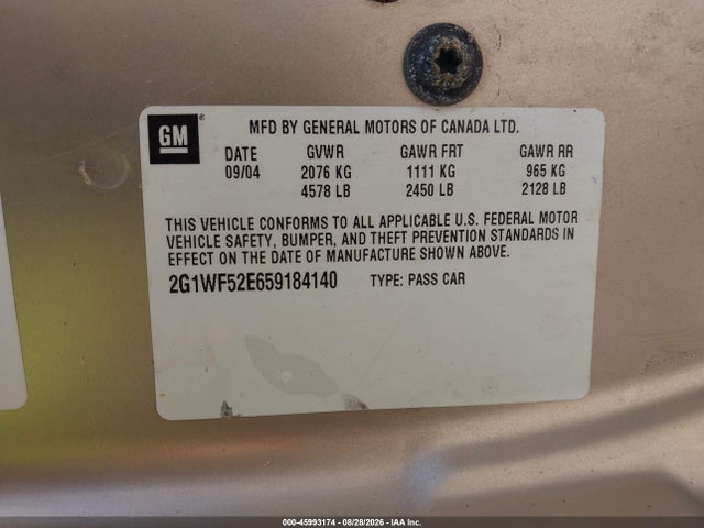 45993174 :رقم المزاد ، 2G1WF52E659184140 vin ، 2005 Chevrolet Impala مزاد بيع