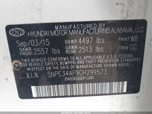 Aukcja sprzedaży 2016 Hyundai Sonata Sport, vin: 5NPE34AF9GH299573, numer aukcji: 45993195