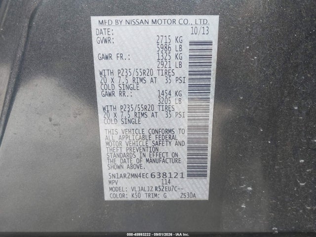 Nissan Pathfinder Platinum 2014 5N1AR2MN4EC638121 Image 9