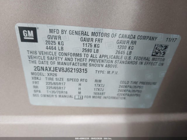 Chevrolet EQUINOX LT 2018 2GNAXJEV8J6219315 Image 9
