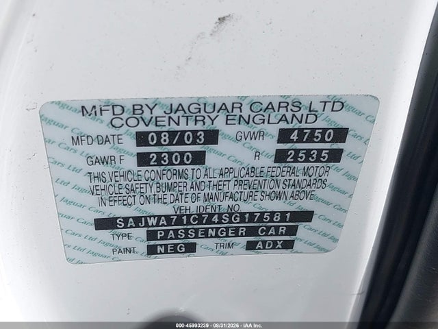 Продаж на аукціоні авто 2004 Jaguar Xj Xj8, vin: SAJWA71C74SG17581, номер лоту: 45993239