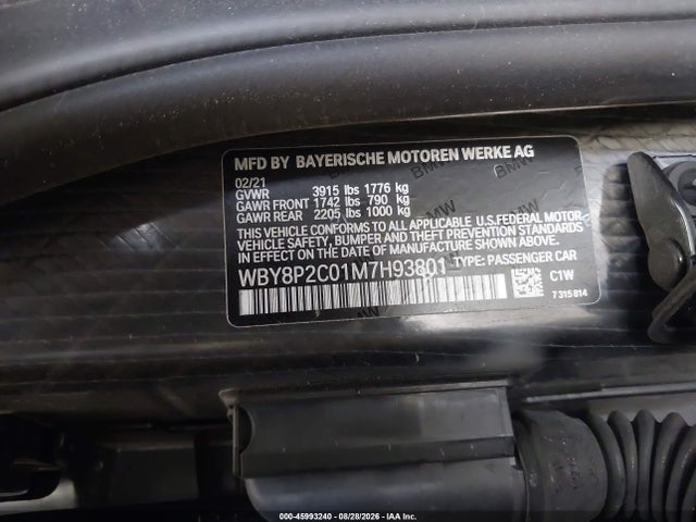 Aukcja sprzedaży 2021 Bmw I3 120ah, vin: WBY8P2C01M7H93801, numer aukcji: 45993240