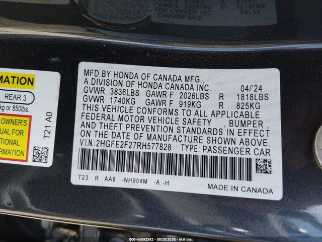 45993242 :رقم المزاد ، 2HGFE2F27RH577828 vin ، 2024 Honda Civic Lx مزاد بيع
