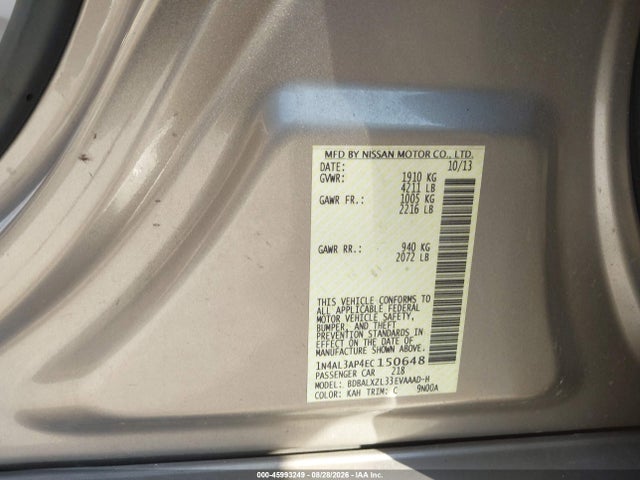 2014 Nissan Altima 2.5 Sl მანქანა იყიდება აუქციონზე, vin: 1N4AL3AP4EC150648, აუქციონის ნომერი: 45993249