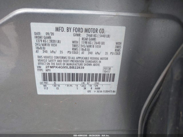 Продажа на аукционе авто 2020 Ford Edge Se, vin: 2FMPK4G95LBB22839, номер лота: 45993255