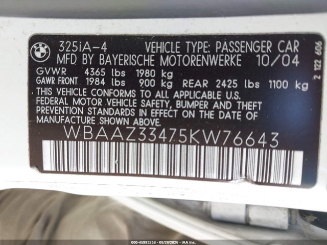 Aukcja sprzedaży 2005 Bmw 325i, vin: WBAAZ33475KW76643, numer aukcji: 45993258
