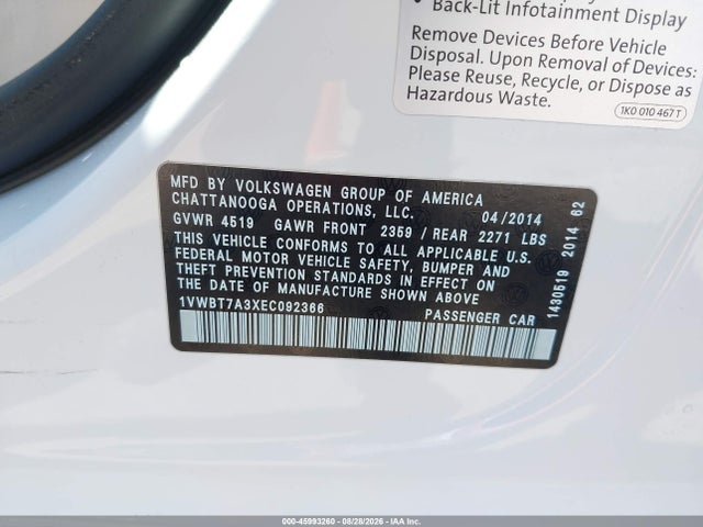 Продажа на аукционе авто 2014 Volkswagen Passat 1.8t Se, vin: 1VWBT7A3XEC092366, номер лота: 45993260