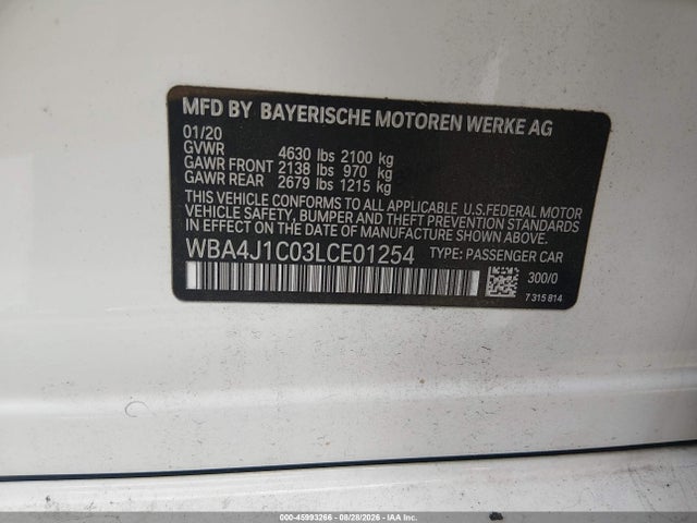 2020 Bmw 430i Gran Coupe მანქანა იყიდება აუქციონზე, vin: WBA4J1C03LCE01254, აუქციონის ნომერი: 45993266