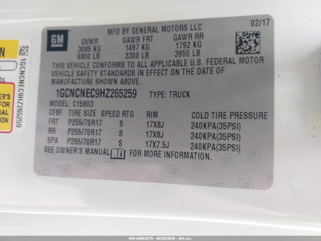 Продажа на аукционе авто 2017 Chevrolet Silverado 1500 Work Truck, vin: 1GCNCNEC9HZ265259, номер лота: 45993279