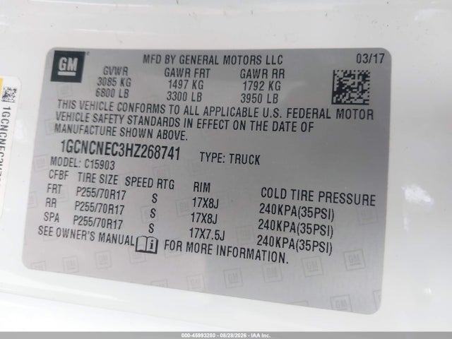 Продажа на аукционе авто 2017 Chevrolet Silverado 1500 Work Truck, vin: 1GCNCNEC3HZ268741, номер лота: 45993280