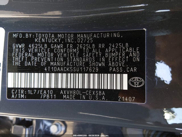 Продажа на аукционе авто 2025 Toyota Camry Se, vin: 4T1DAACK5SU117629, номер лота: 45993288