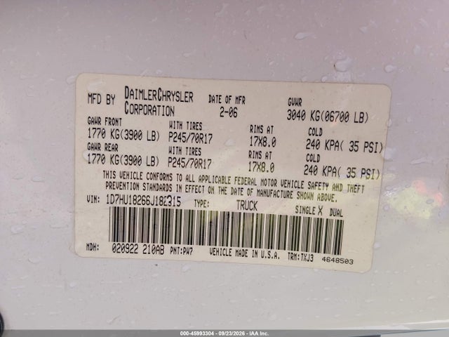45993304 :رقم المزاد ، 1D7HU18266J182315 vin ، 2006 Dodge Ram 1500 St مزاد بيع