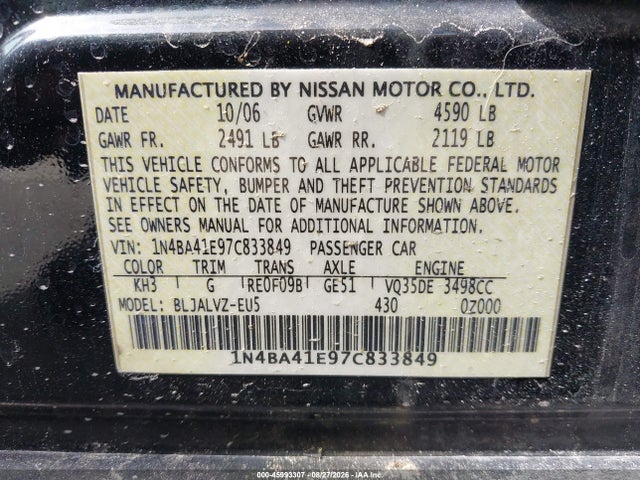 Продаж на аукціоні авто 2007 Nissan Maxima 3.5 Se, vin: 1N4BA41E97C833849, номер лоту: 45993307