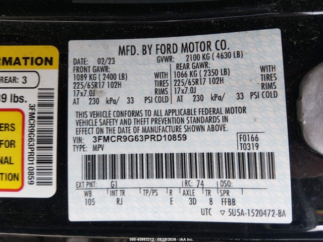 2023 Ford Bronco Sport Heritage მანქანა იყიდება აუქციონზე, vin: 3FMCR9G63PRD10859, აუქციონის ნომერი: 45993312