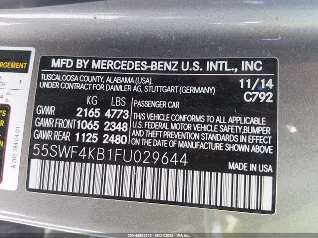45993315 :رقم المزاد ، 55SWF4KB1FU029644 vin ، 2015 Mercedes-benz C 300 Sport 4matic مزاد بيع