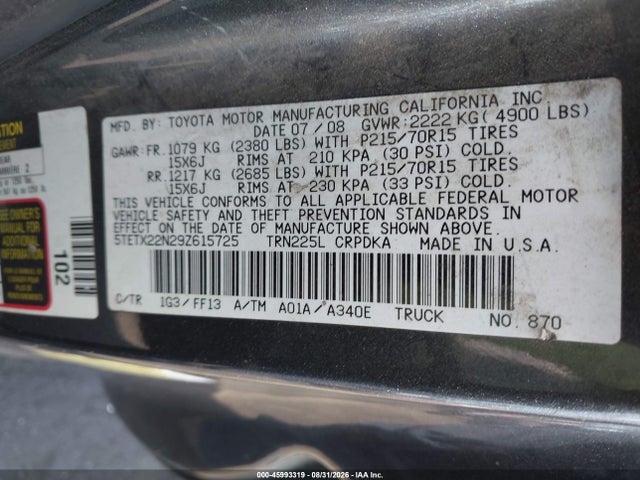 Aukcja sprzedaży 2009 Toyota Tacoma, vin: 5TETX22N29Z615725, numer aukcji: 45993319