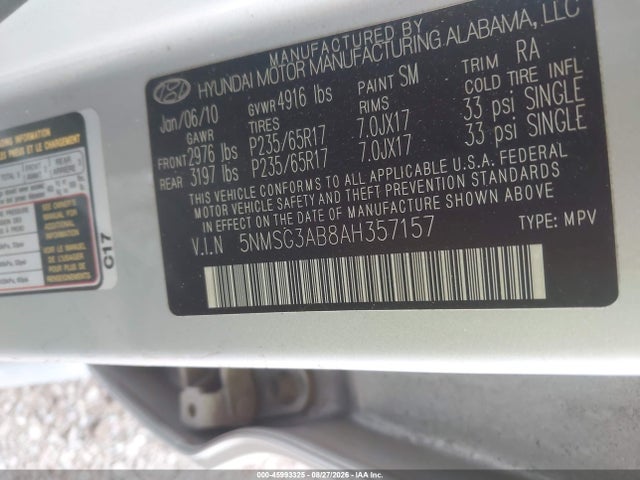 2010 Hyundai Santa Fe Gls მანქანა იყიდება აუქციონზე, vin: 5NMSG3AB8AH357157, აუქციონის ნომერი: 45993325