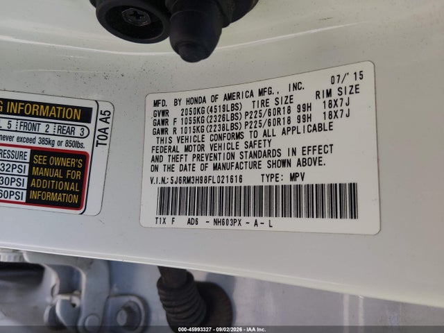 Auction sale of the 2015 Honda Cr-v Touring, vin: 5J6RM3H98FL021616, lot number: 45993327