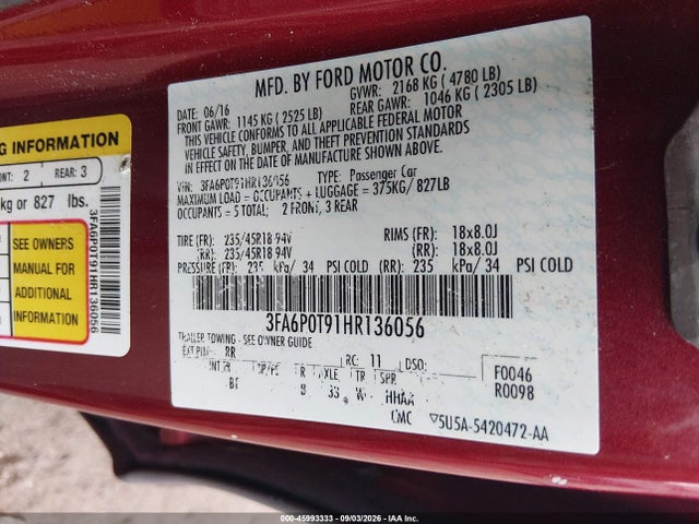 2017 Ford Fusion Se მანქანა იყიდება აუქციონზე, vin: 3FA6P0T91HR136056, აუქციონის ნომერი: 45993333