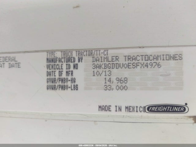 Продаж на аукціоні авто 2014 Freightliner Cascadia 125, vin: 3AKBGDDV0ESFX4976, номер лоту: 45993336