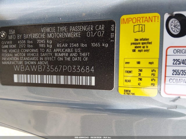 45993343 :رقم المزاد ، WBAWB73567P033684 vin ، 2007 Bmw 335i مزاد بيع