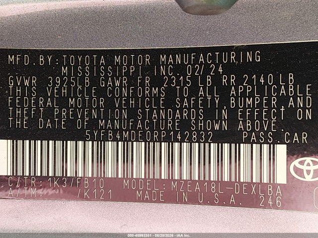 Продажа на аукционе авто 2024 Toyota Corolla Le, vin: 5YFB4MDE0RP142832, номер лота: 45993351