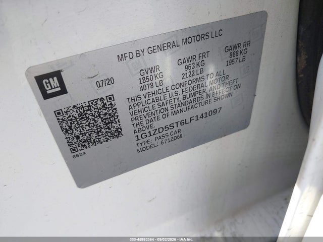 Продажа на аукционе авто 2020 Chevrolet Malibu Fwd Lt, vin: 1G1ZD5ST6LF141097, номер лота: 45993364