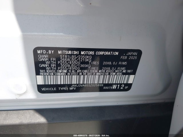 45993370 :رقم المزاد ، JA4J3VA85SZ025899 vin ، 2025 Mitsubishi Outlander Se 2.5 2wd مزاد بيع