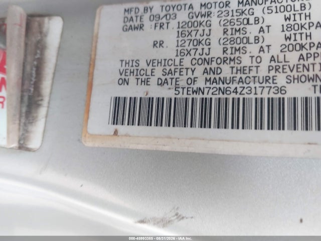 Продаж на аукціоні авто 2004 Toyota Tacoma Base V6, vin: 5TEWN72N64Z317736, номер лоту: 45993385