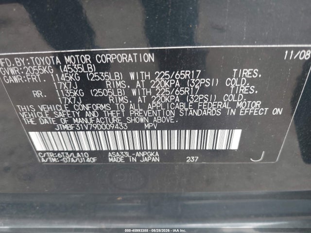 45993388 :رقم المزاد ، JTMBF31V79D009433 vin ، 2009 Toyota Rav4 Limited مزاد بيع