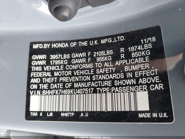 Aukcja sprzedaży 2019 Honda Civic Ex, vin: SHHFK7H69KU407517, numer aukcji: 45993392