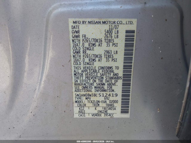 Aukcja sprzedaży 2008 Nissan Xterra X, vin: 5N1AN08W38C512419, numer aukcji: 45993395