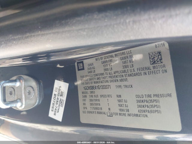 Aukcja sprzedaży 2016 Chevrolet Colorado Wt, vin: 1GCHSBEA1G1333371, numer aukcji: 45993401
