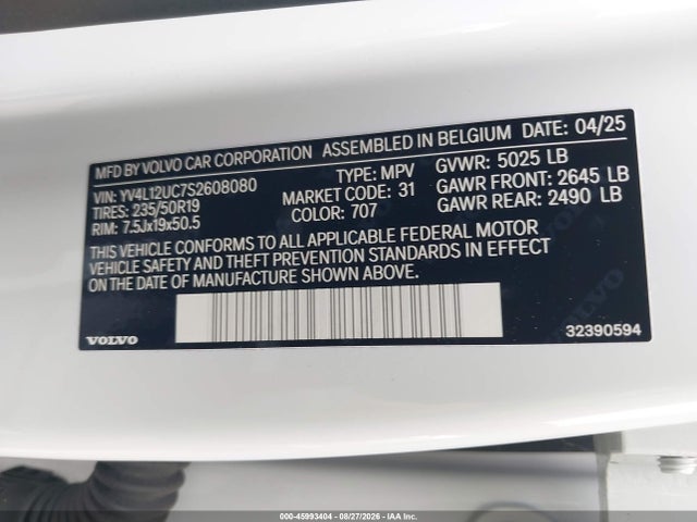 Aukcja sprzedaży 2025 Volvo Xc40 B5 Plus Dark Theme, vin: YV4L12UC7S2608080, numer aukcji: 45993404