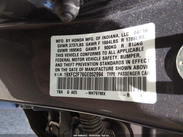 45993422 :رقم المزاد ، 19XFC2F76GE052994 vin ، 2016 Honda Civic Ex مزاد بيع